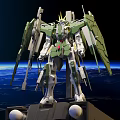 Green White Gundam Model With Large Green Wings Yellow Head Decoration Earth Space Background