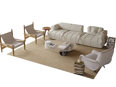Modern Beige Fabric Sofa and Coffee Table Set with Minimalist Accent Chairs and Rug 3d model