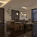 Modern Tea Room Interior With Wooden Shelves Pendant Lights Counter And Benches