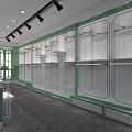 Green And White Clothing Store Interior With Glass Door And Fashion Displays