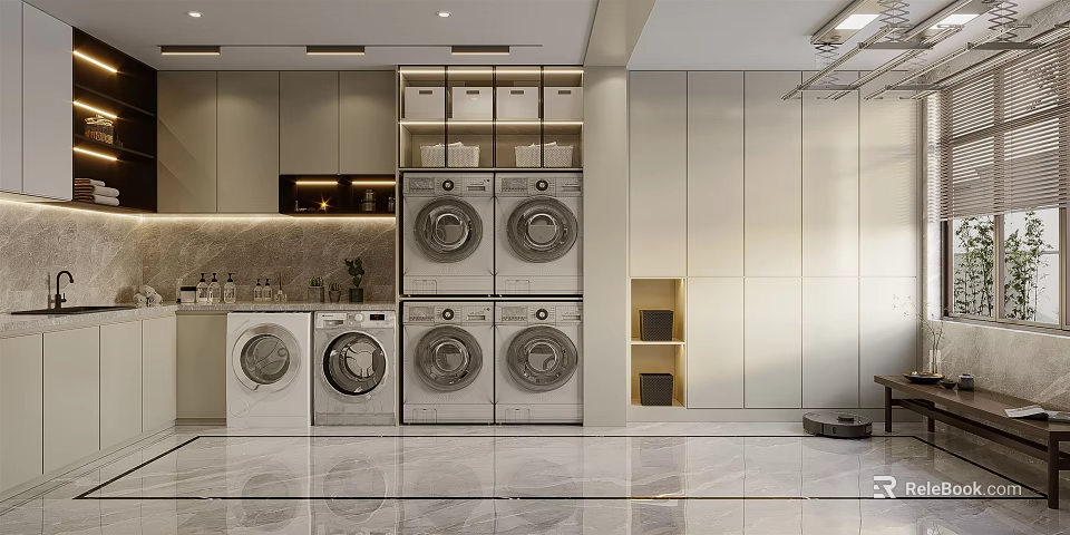 Modern Laundry Room Interior With Multiple Washing Machines Storage Cabinets And Marble Floor 3d model 