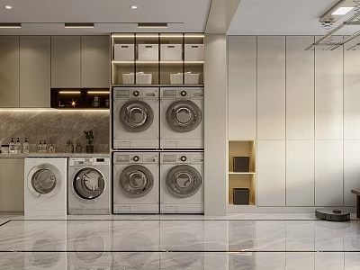 Modern Laundry Room Interior With Multiple Washing Machines Storage Cabinets And Marble Floor 3d model