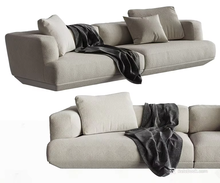 Modern Light Gray Three-Seater Sofa With Plush Cushions And Dark Throw Blanket 3d model