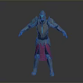 Game and Movie Character in Silver Armor with Blue Luminous Lines and Red Skirt Design