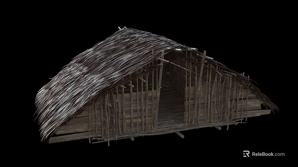 Rustic Wooden Hut With Thatch Roof And Open Wooden Frame Structure 3d model 