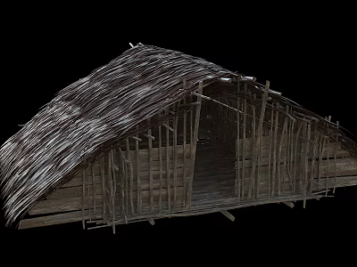 Rustic Wooden Hut With Thatch Roof And Open Wooden Frame Structure 3d model