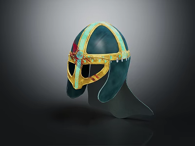Ancient Green And Gold Decorative Helmet With Red Accents And Gold Trim 3d model