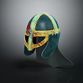 Ancient Green And Gold Decorative Helmet With Red Accents And Gold Trim