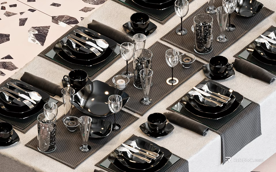 Modern Black Tableware Set With Dinner Plates Bowls Glassware And Napkins For Dining Table 3d model 