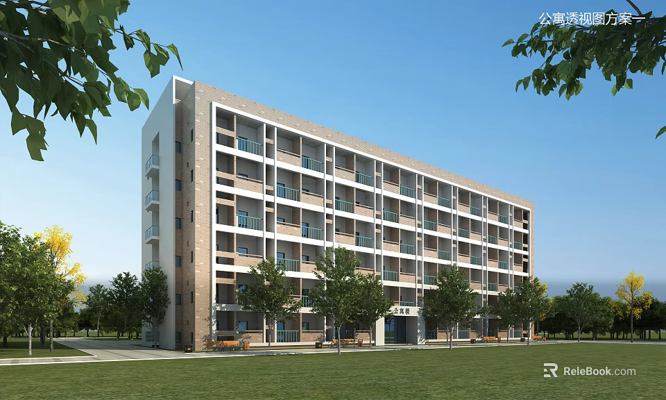 Modern Multi Story School Building With Balconies Surrounded By Lawn And Trees 3d model