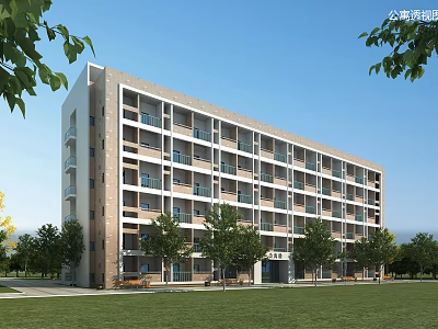 Modern Multi Story School Building With Balconies Surrounded By Lawn And Trees 3d model