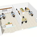Public Office Space With Multiple Work Desks Computers Office Chairs And Potted Plants 3d model