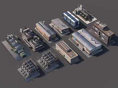 Industrial Equipment And Facilities Including Cooling Towers Storage Tanks Factory Buildings In Isometric 3D Rendering 3d model