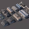 Industrial Equipment And Facilities Including Cooling Towers Storage Tanks Factory Buildings In Isometric 3D Rendering