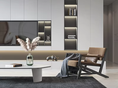 Modern Living Room Accent Chair With Throw Blanket Coffee Table And Pampas Grass Vase 3d model