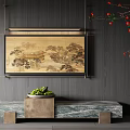 Modern Chinese Landscape Painting on Dark Wall with Marble Console Green Plants and Red Berries