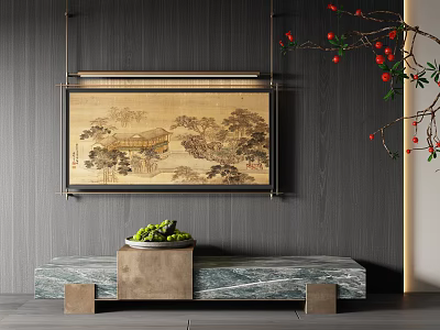 Modern Chinese Landscape Painting on Dark Wall with Marble Console Green Plants and Red Berries 3d model