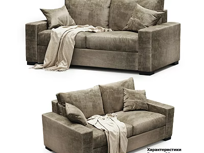 Cozy Brown Two-Seater Sofa With Soft Pillows And Warm Throw Blanket 3d model