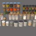 Various Spice Jars With Different Lids Containing Spices On Wooden Floor And Textured Wall