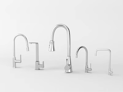 Various Stylish Modern Stainless Steel Faucets With Curved Spout And Handle Designs 3d model