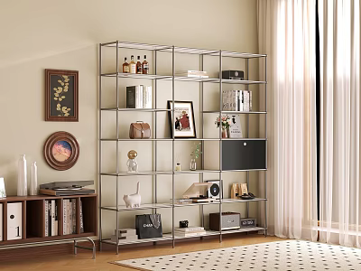 Modern Metal Multi Tiered Shelving Unit In Living Room With Books Decorations And Photo Frame 3d model