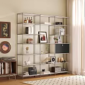 Modern Metal Multi Tiered Shelving Unit In Living Room With Books Decorations And Photo Frame