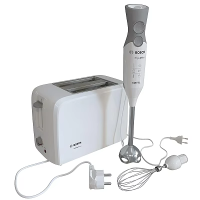 Bosch White Kitchen Appliances Toaster And Hand Blender With Attachments 3d model Bosch White Kitchen Appliances Toaster And Hand Blender With Attachments 3d model