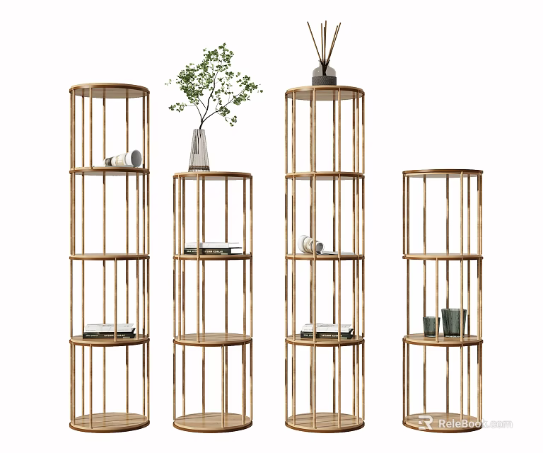 Modern Golden Cylindrical Shelving Units With Multiple Tiers And Decorative Plants Vases Books 3d model 