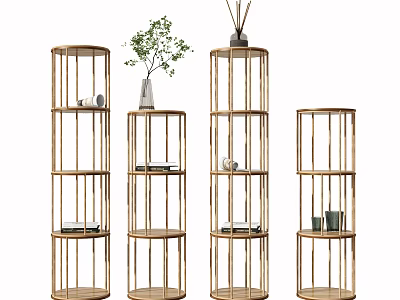 Modern Golden Cylindrical Shelving Units With Multiple Tiers And Decorative Plants Vases Books 3d model