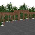 Wooden Pergola with Lattice Roof and Benches Surrounded by Trees and Grass on Paved Ground