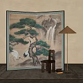 Traditional Chinese Folding Screen with Pine Trees Waterfall and Cranes in Interior 3d model