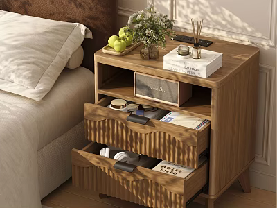 Modern Wooden Nightstand With Drawers Potted Plant Apples Aromatherapy Radio And Books 3d model