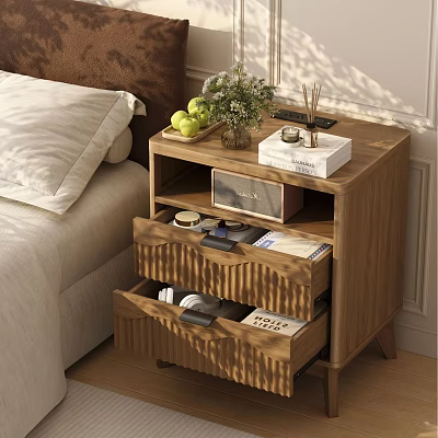 Modern Wooden Nightstand With Drawers Potted Plant Apples Aromatherapy Radio And Books 3d model