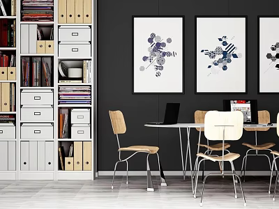 Stylish Home Office Desk With Bookshelf Black Wall Art Prints And Chairs 3d model