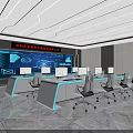 Modern Monitoring Room With Large Screen Display Multiple Computer Monitors And LED Strip Lighting