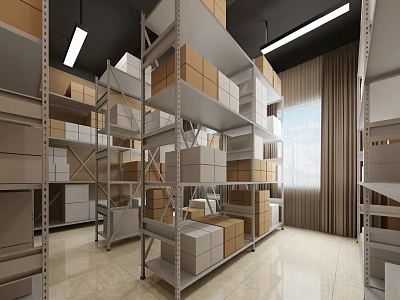Modern Warehouse Interior With Metal Shelves And Storage Boxes 3d model