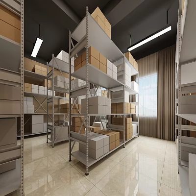 Modern Warehouse Interior With Metal Shelves And Storage Boxes 3d model