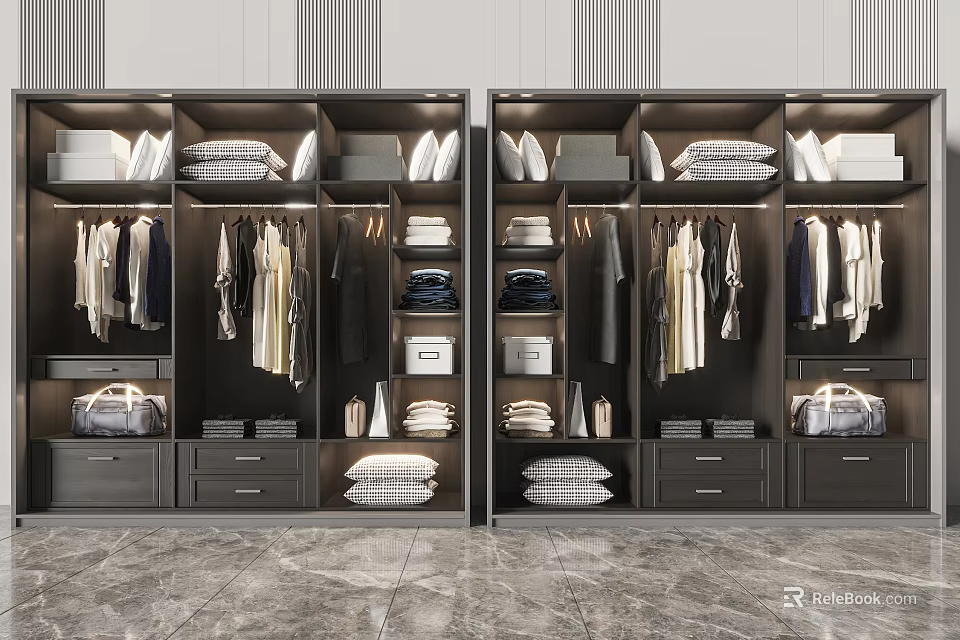 Modern Organized Double Wardrobe Interior With Hanging Clothes Folded Items Bags Shoes And Drawers 3d model 