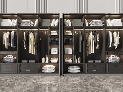 Modern Organized Double Wardrobe Interior With Hanging Clothes Folded Items Bags Shoes And Drawers 3d model