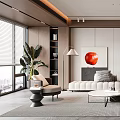 Modern Living Room Interior Design With White Sofa Coffee Table Green Plant And Red Artwork