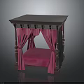 Four Poster Canopy Bed With Pink Drapes And Metallic Frame Design 3d model
