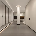 Modern Office Corridor With Dark Wood Grain Walls Red Cabinet And Golden Statue