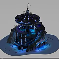 Ornate Circular Carousel Building With Blue Illuminated Lights Staircases And Decorative Top