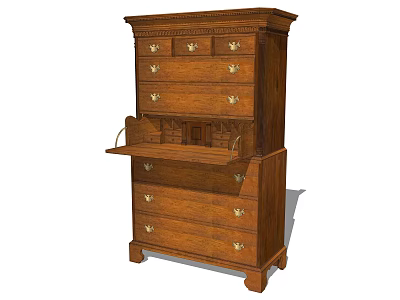 Vintage Style Wooden Storage Cabinet With Multiple Drawers Drop-Down Desk Top And Metal Handles 3d model