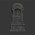 Intricate Gray Stone Sculpture With Carved Shrine Structure And Detailed Base