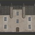 Traditional Stone Castle Building With Gray Roof Turrets Light Colored Walls And Windows