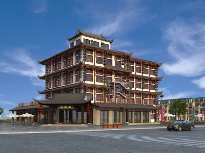 Traditional Chinese Commercial Street Building With Multi Story Structure And Classic Roof Design 3d model