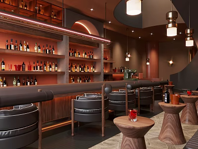 Modern Café Interior With Wooden Bar Counter Wine Bottles Black Leather Chairs And Hanging Lights 3d model