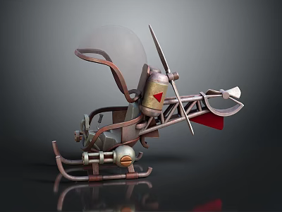 Steampunk Style Helicopter with Transparent Canopy Metal Propeller Red Accent and Ski Landing Gear 3d model