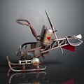 Steampunk Style Helicopter with Transparent Canopy Metal Propeller Red Accent and Ski Landing Gear